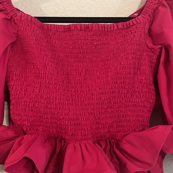 Express Women’s Peplum Top Small Hot Pink Cross Front Smock Back Balloon Sleeve - Picture 5 of 14